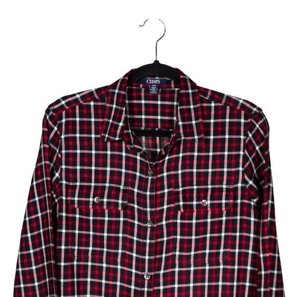 Chaps Ralph Lauren Women's Button Up Shirt Red Black Check Flannel Preppy Top L - Picture 5 of 9